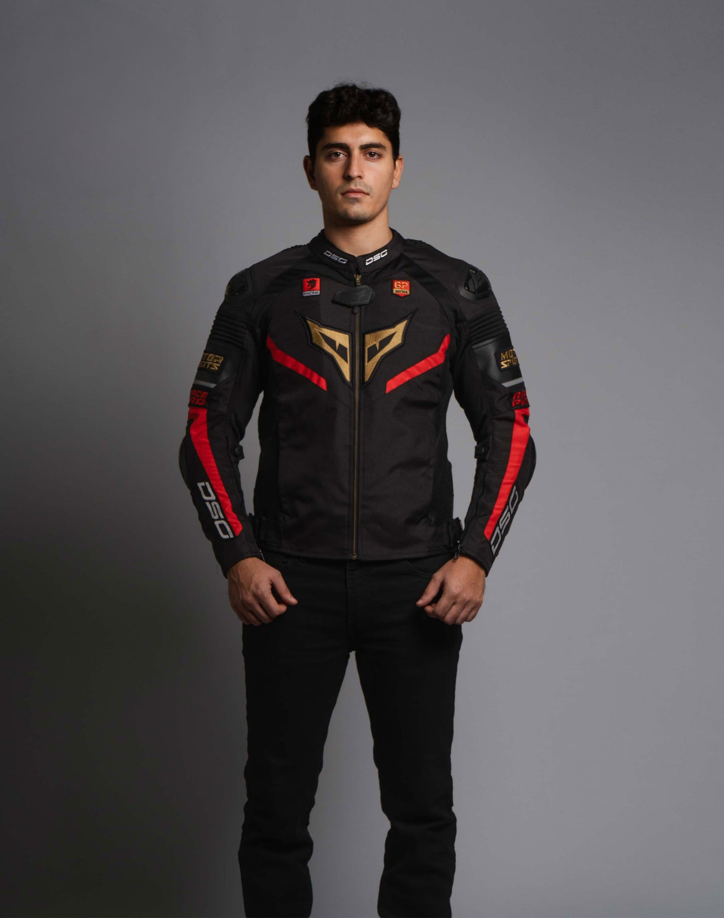DSG Race Pro Sport Riding Jacket in Black Red – front view