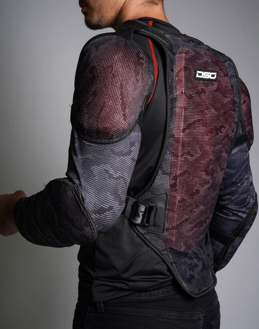 Close-up back view of rider wearing DSG Bionic ADV Jacket