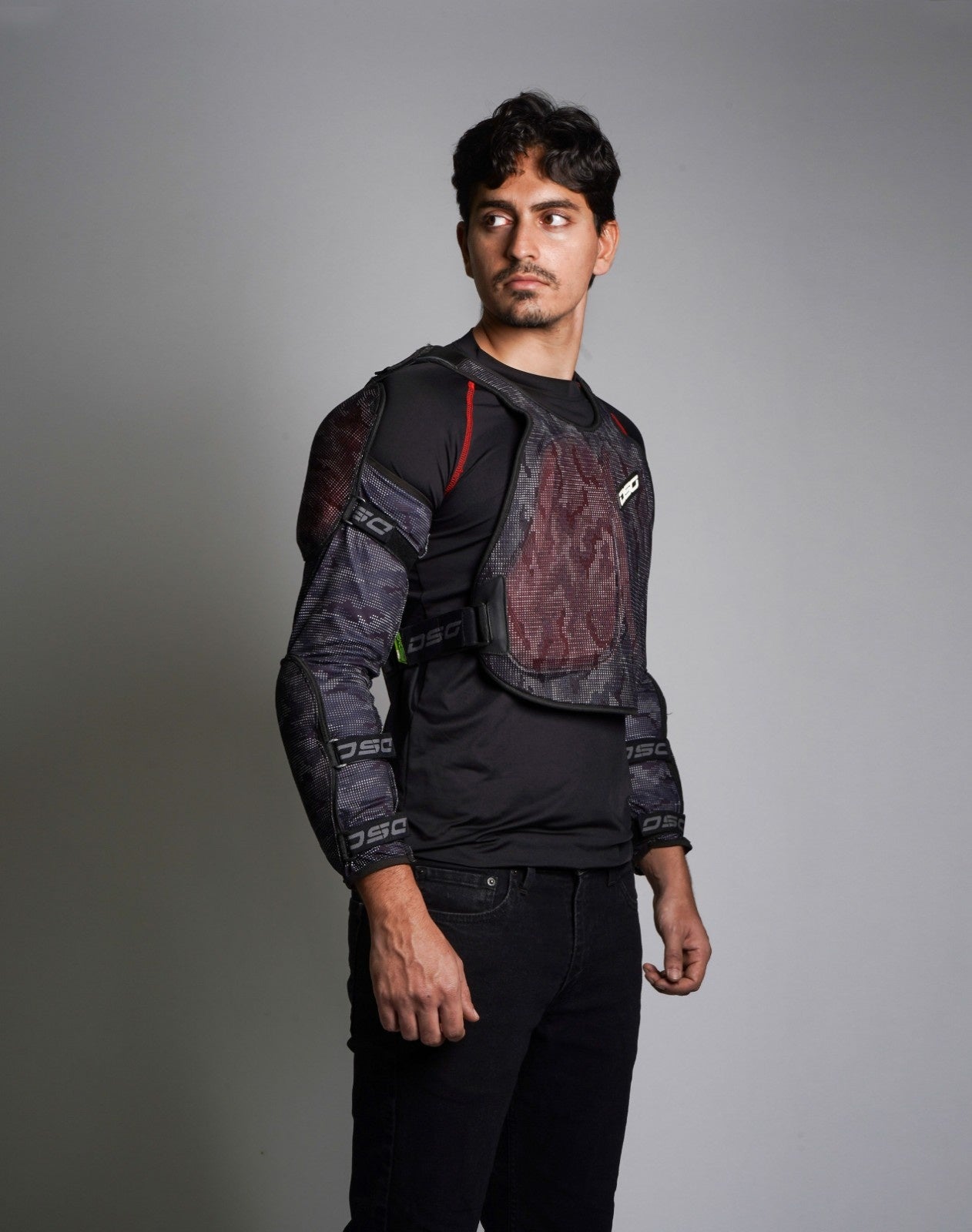 Close-up front view of rider wearing DSG Bionic ADV Jacket with mesh construction visible